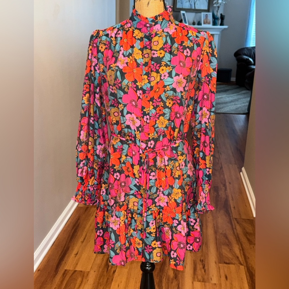 Fate NWT Full in Bloom long balloon sleeve ruffle button down tie waist dress, M - Picture 2 of 11